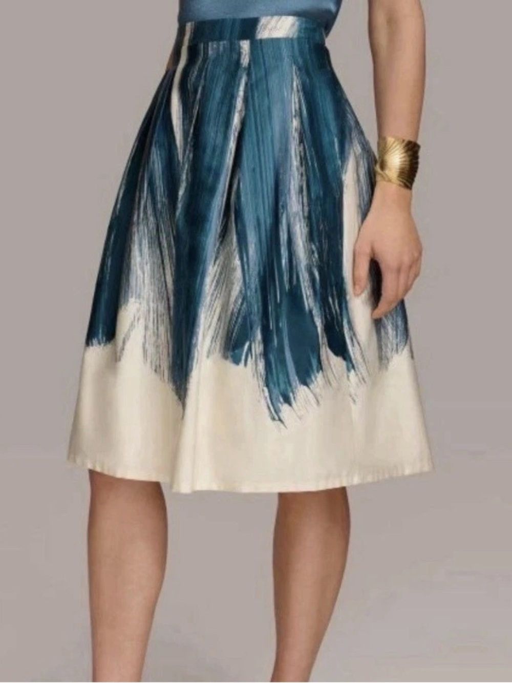Donna Karan Teal and White A-Line Brushstroke Skirt